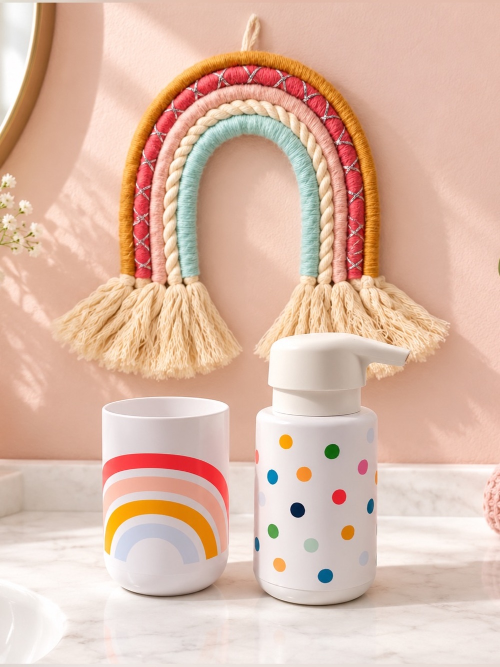 Boho Rainbow Bathroom Decor Set Soap Dispenser Cup Tassel Wall Art 3pc Bundle